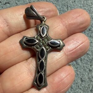 Vintage Sterling Silver Onyx Marcasite Cross Pendant. (3)
